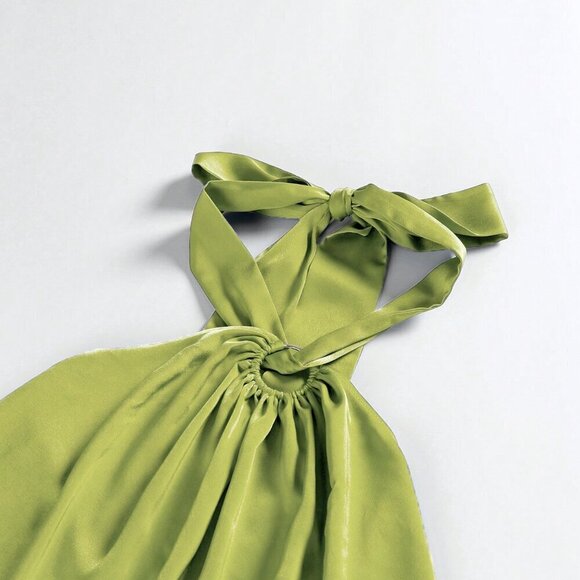 Green Casual Women's O-Ring Sleeveless Self-Tie Halter Backless Maxi Dress - Picture 4 of 5